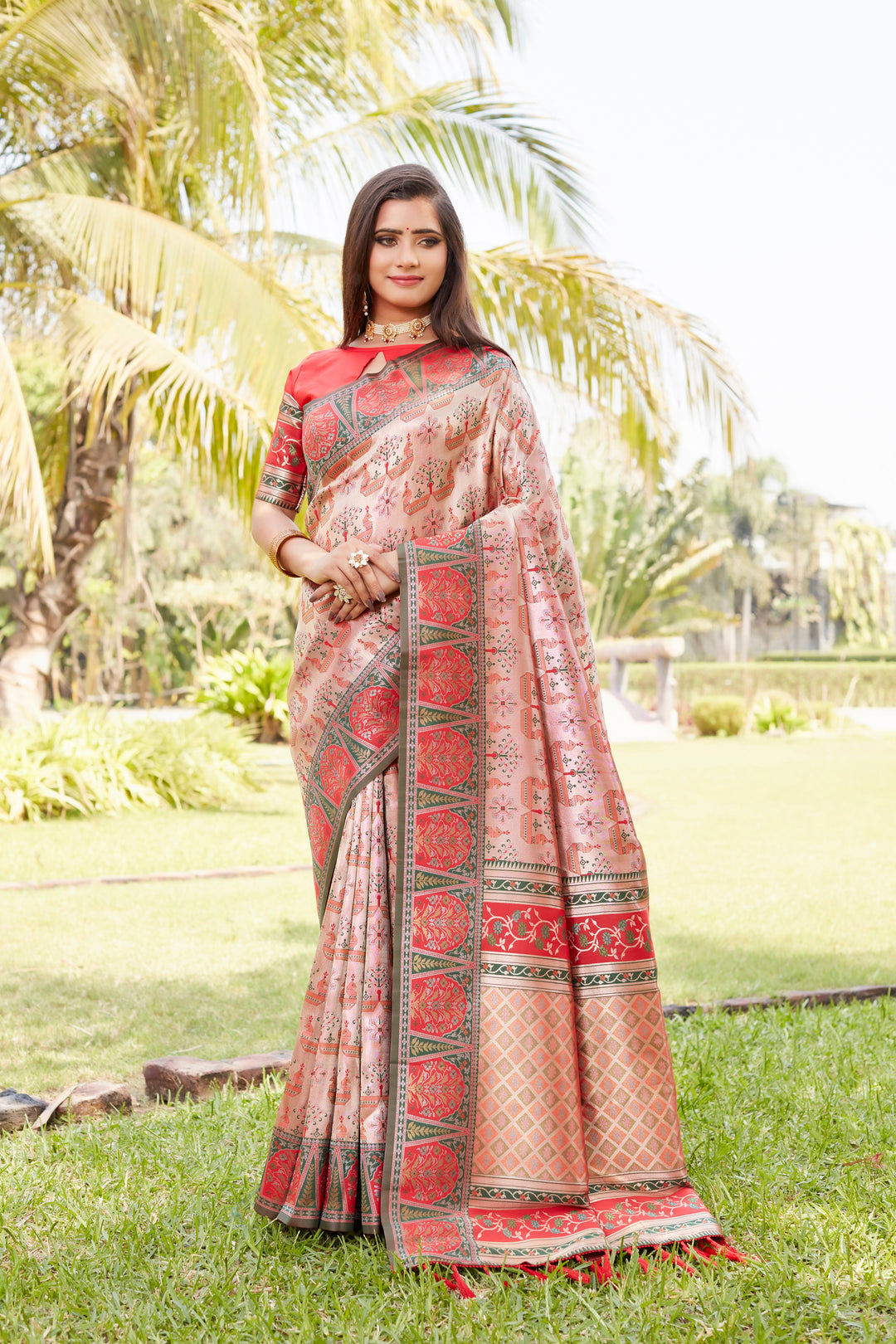 Stunning bright pink Kanjivaram silk saree with intricate weaving and luxurious borders, perfect for weddings and festive occasions.