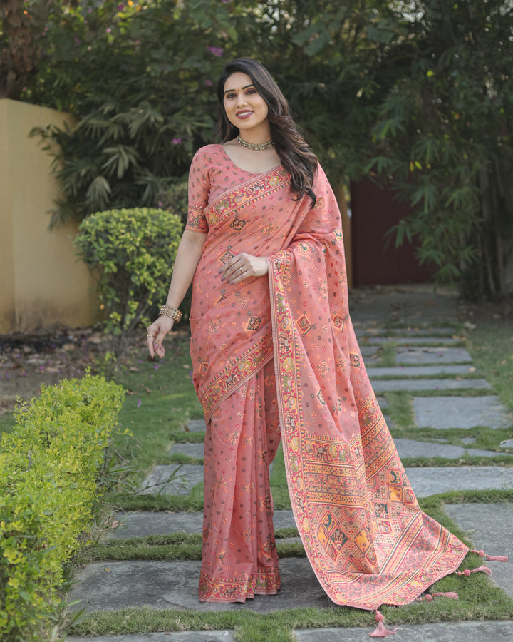 Premium Peach Pashmina Weaving Cotton Saree with stunning woven Pallu, ideal for grand celebrations.