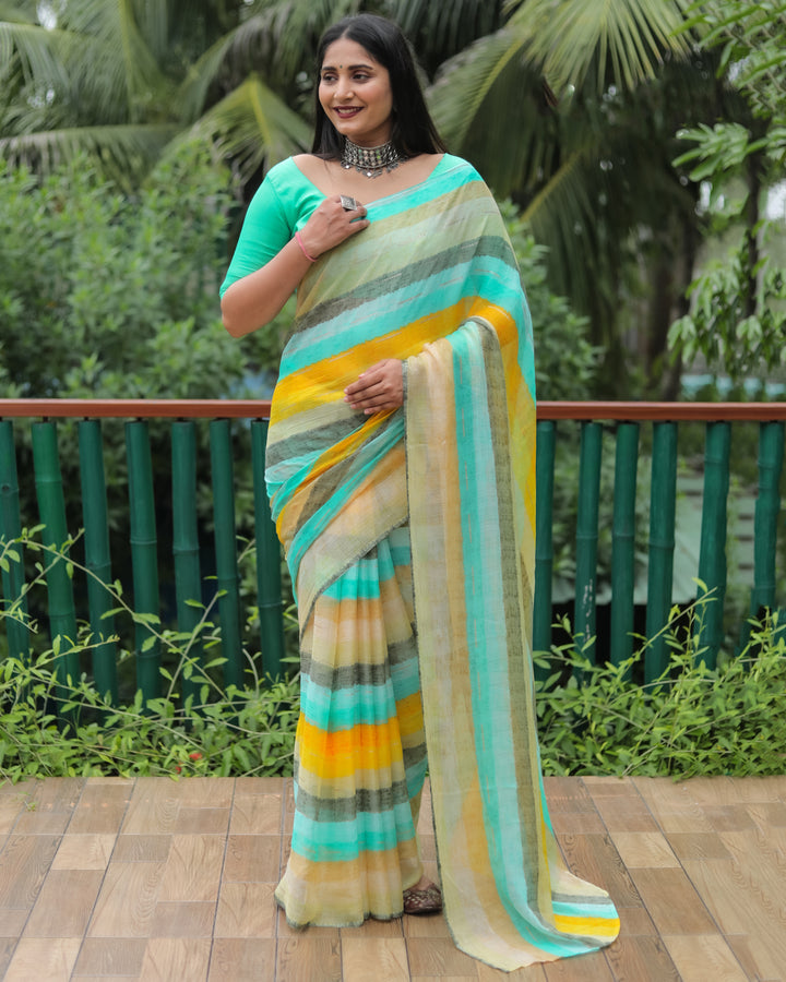 A beautiful deep mint Moss chiffon saree, featuring an intricate foil pattern, designed to bring timeless elegance to your festive wardrobe.