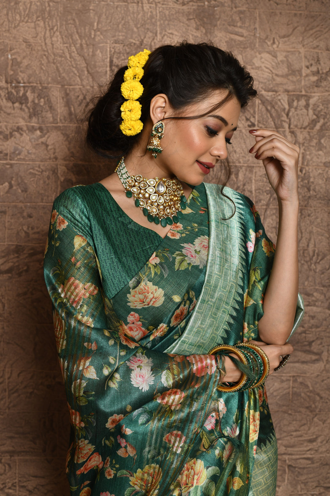 Soft Tussar silk saree with beautiful floral design and contrast blouse piece