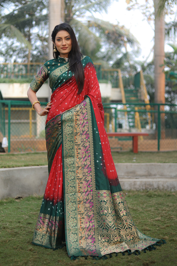 Gorgeous Red Pure Bandhej Silk Saree with a designer Kanjivaram border and Minakari pallu.