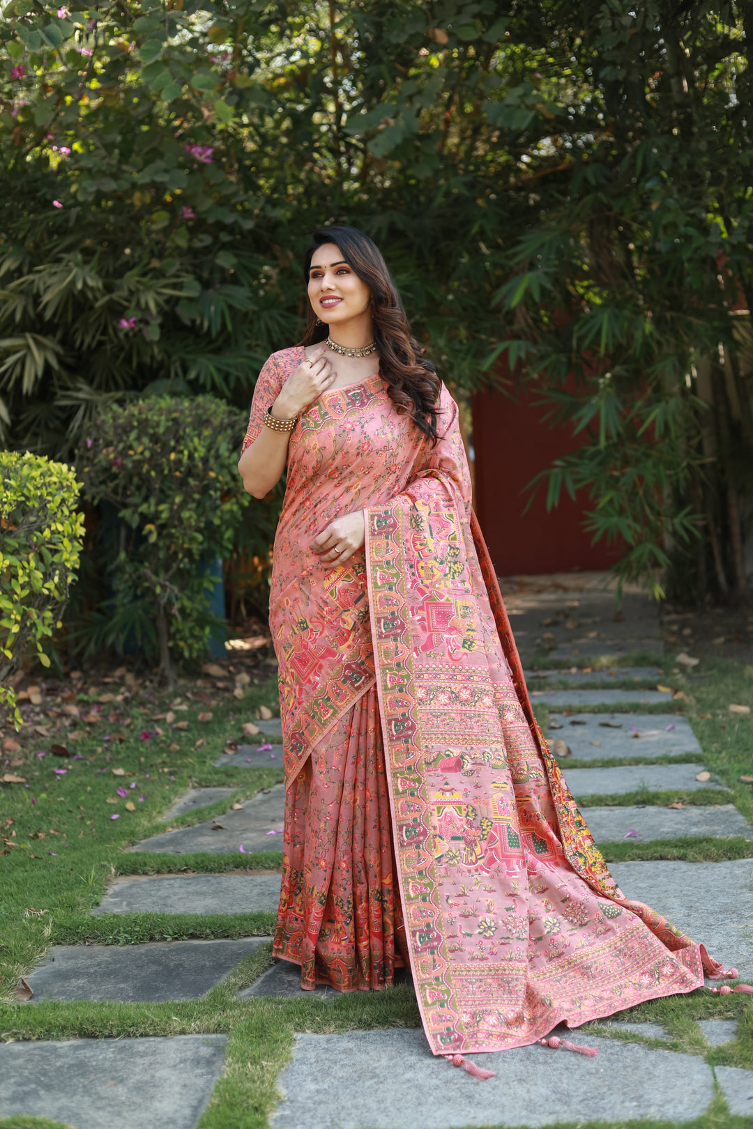 Graceful dark-peach Pashmina cotton saree with intricate double-sided border and grand pallu, ideal for weddings.