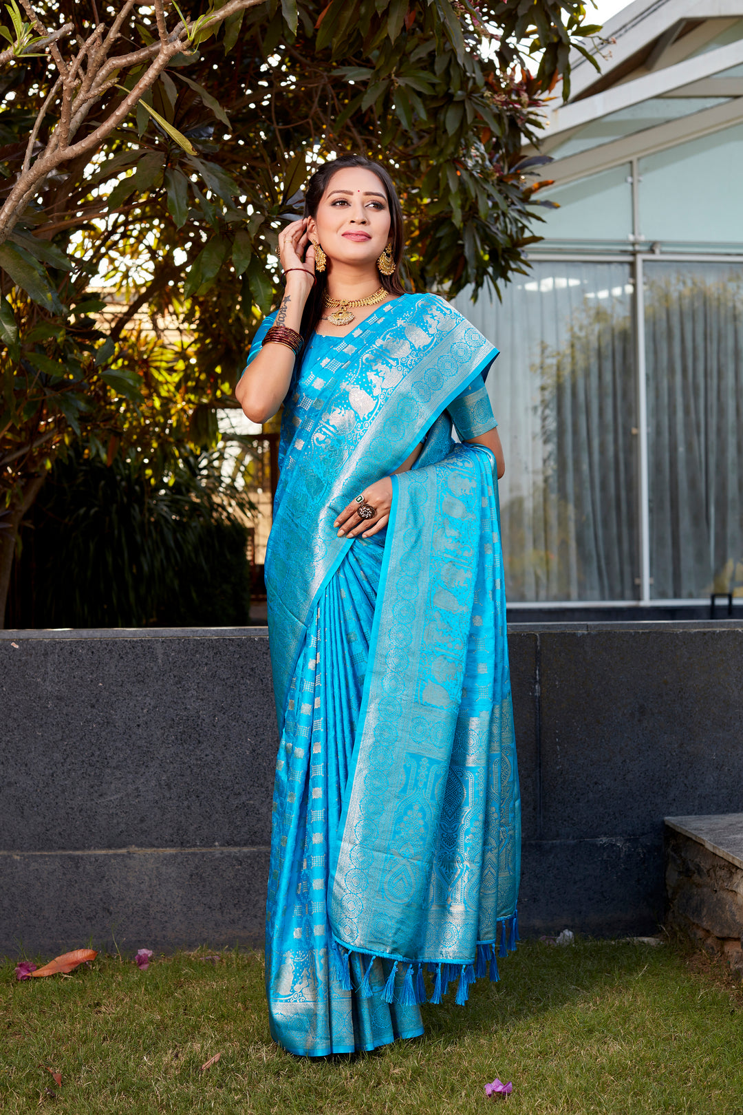 Stunning Sky-Blue Satin Silk Wedding Saree with dual weave and elegant pallu, perfect for weddings.