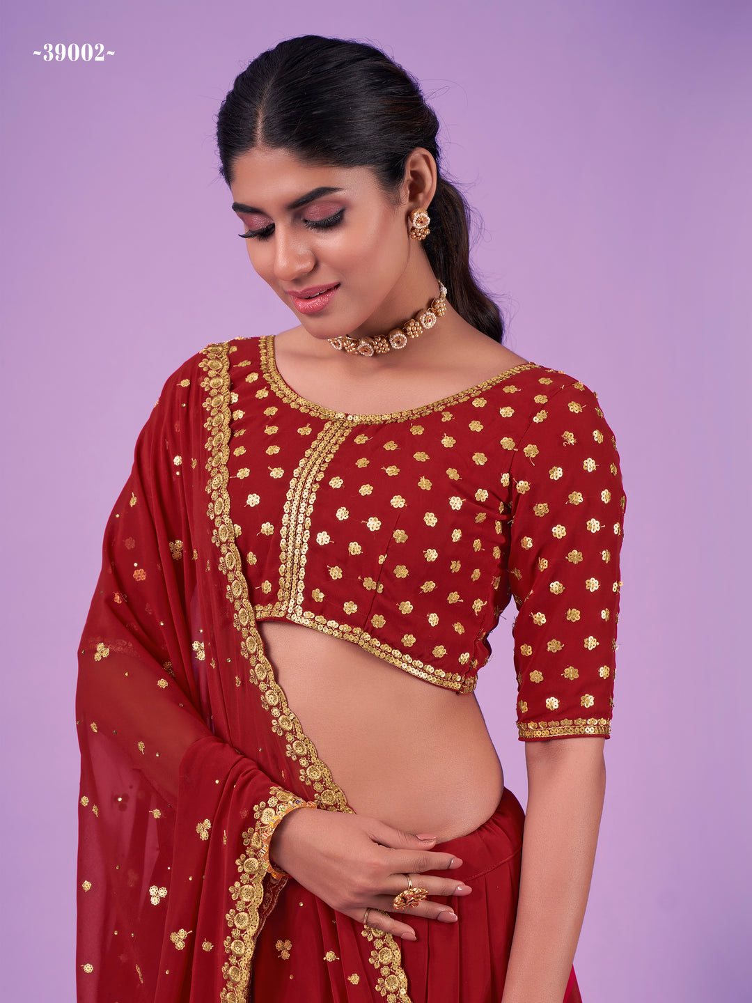 Flared Red Semi-stitched Embroidered Lehenga | Round Neck Blouse