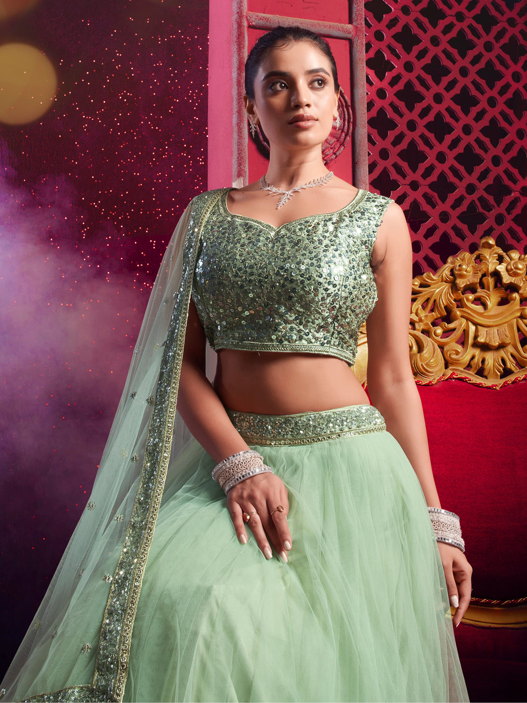 Stunning Light Green Net Party Wear Lehenga Choli With Dupatta