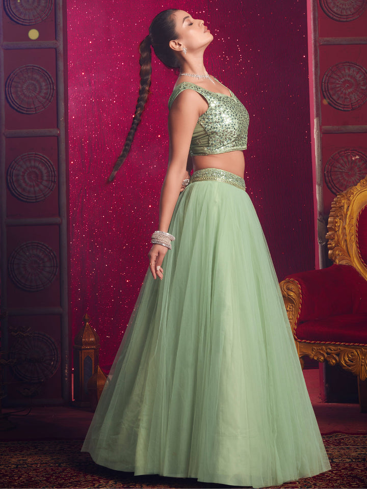 Stunning Light Green Net Party Wear Lehenga Choli With Dupatta