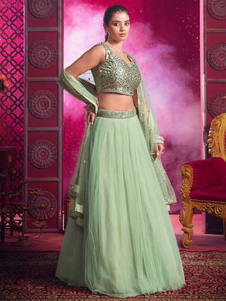 Stunning Light Green Net Party Wear Lehenga Choli With Dupatta