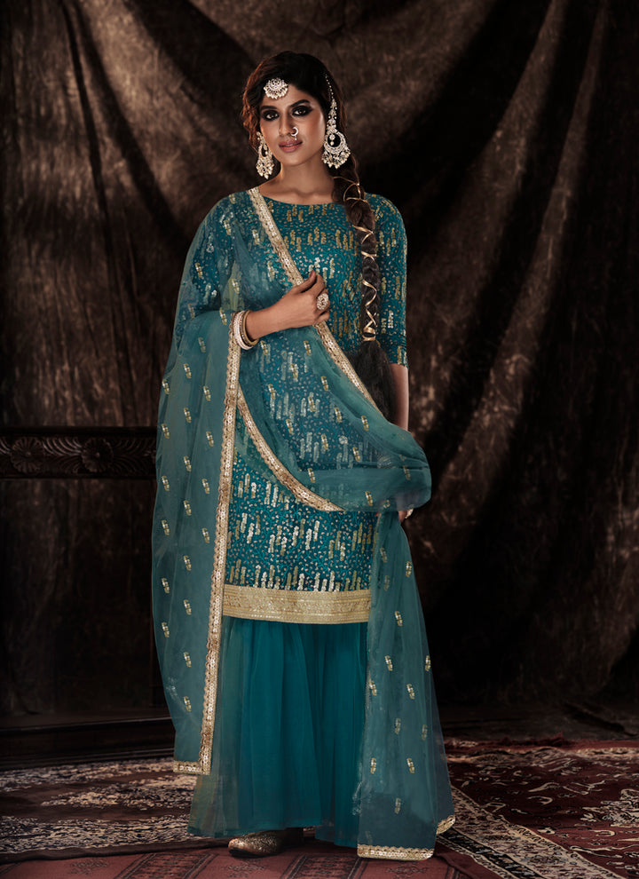 Dark Blue Soft Net Salwar Suit | Sequins Work Ethnic Wear