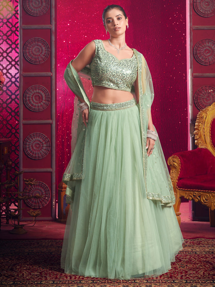 Stunning Light Green Net Party Wear Lehenga Choli With Dupatta