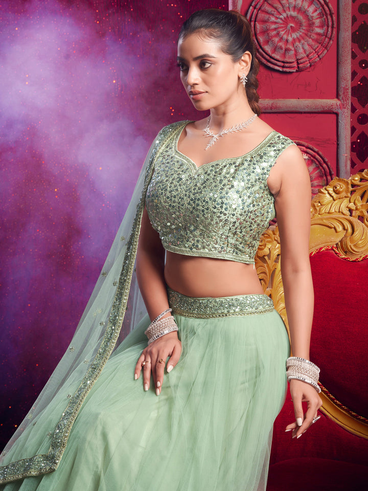 Stunning Light Green Net Party Wear Lehenga Choli With Dupatta