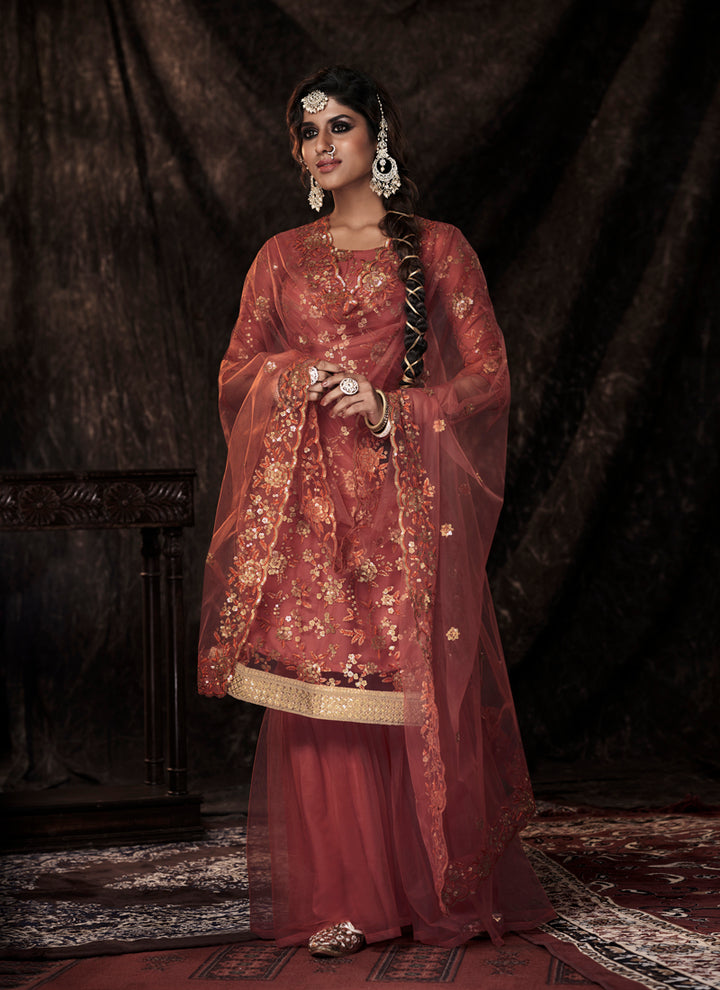 Dark Orange Soft Net Salwar Suit | Elegant Sequins Work Design