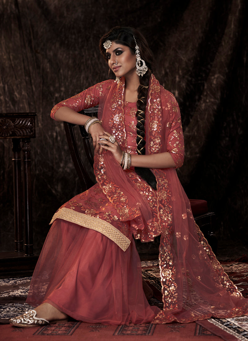 Dark Orange Soft Net Salwar Suit | Elegant Sequins Work Design