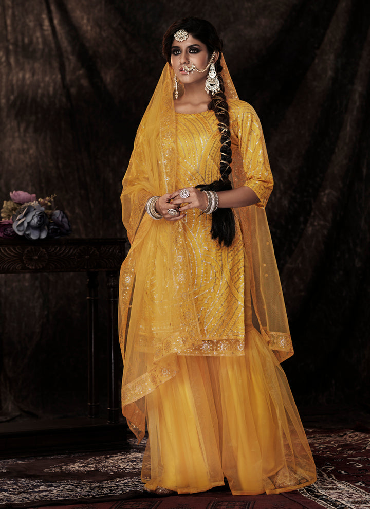 Mustard Soft Net Salwar Suit | Stylish Sequins Work Design