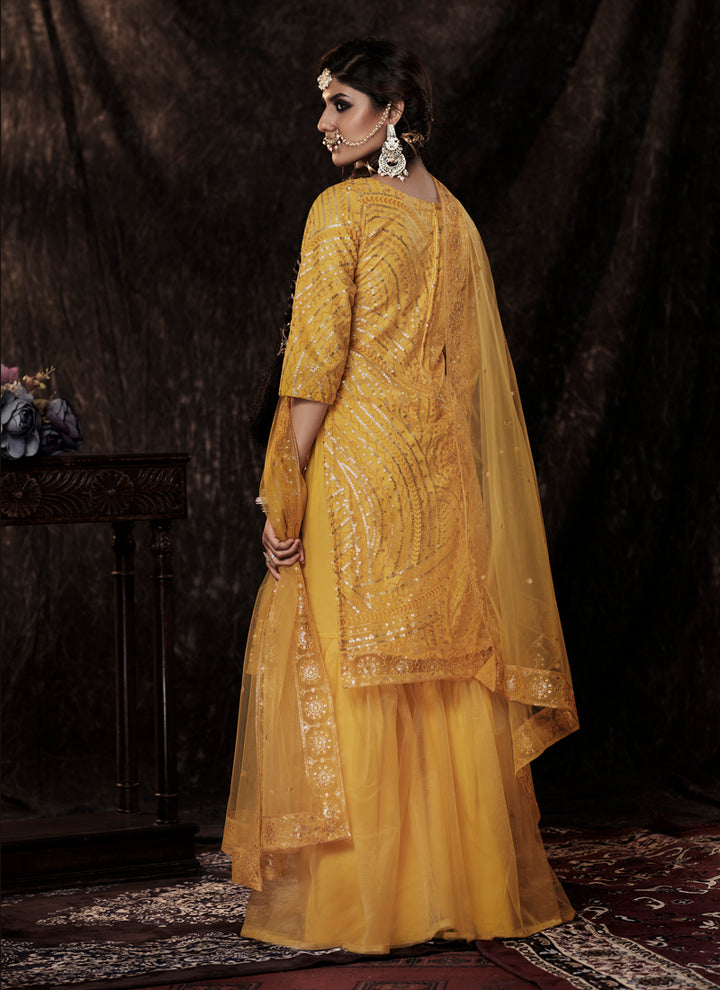 Mustard Soft Net Salwar Suit | Stylish Sequins Work Design