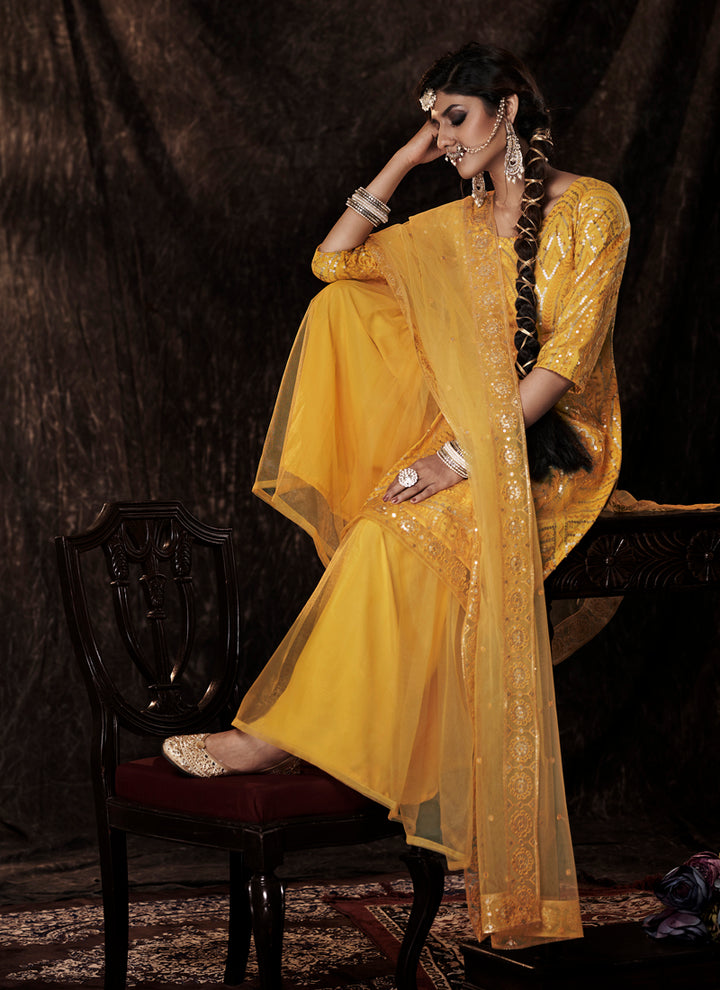 Mustard Soft Net Salwar Suit | Stylish Sequins Work Design