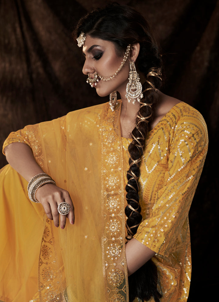 Mustard Soft Net Salwar Suit | Stylish Sequins Work Design