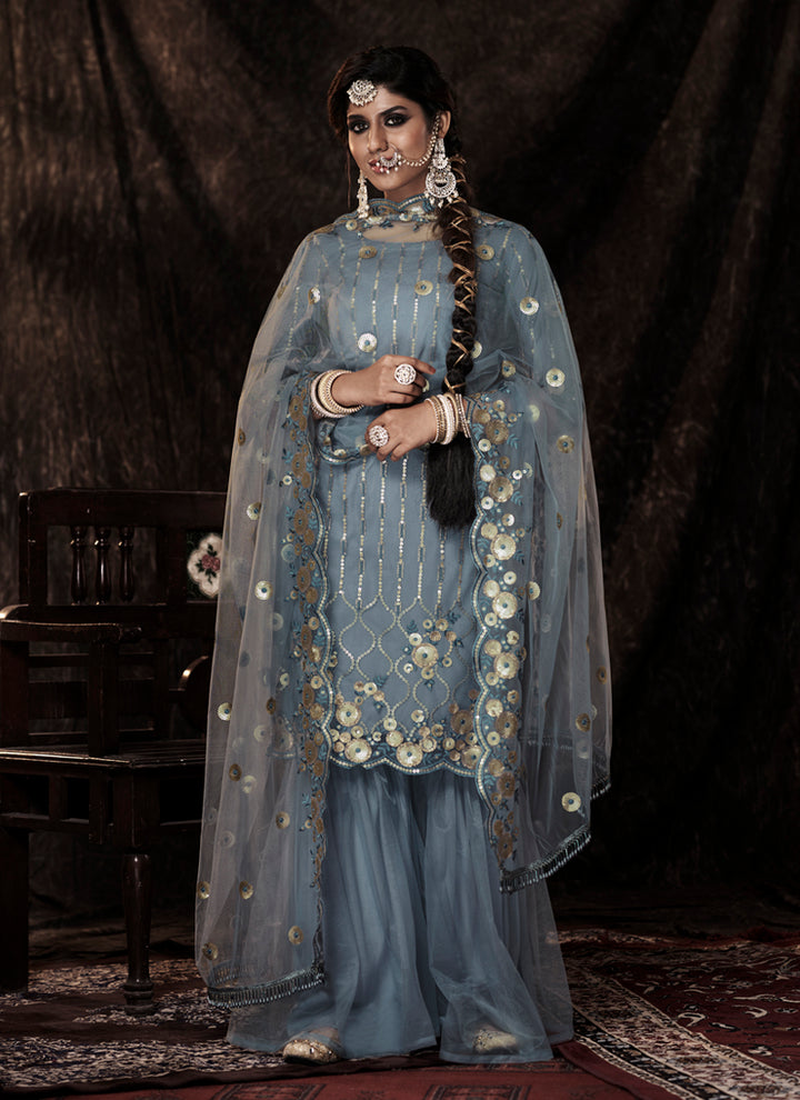 Grey Soft Net Salwar Suit | Graceful Sequins Work Ethnic Outfit