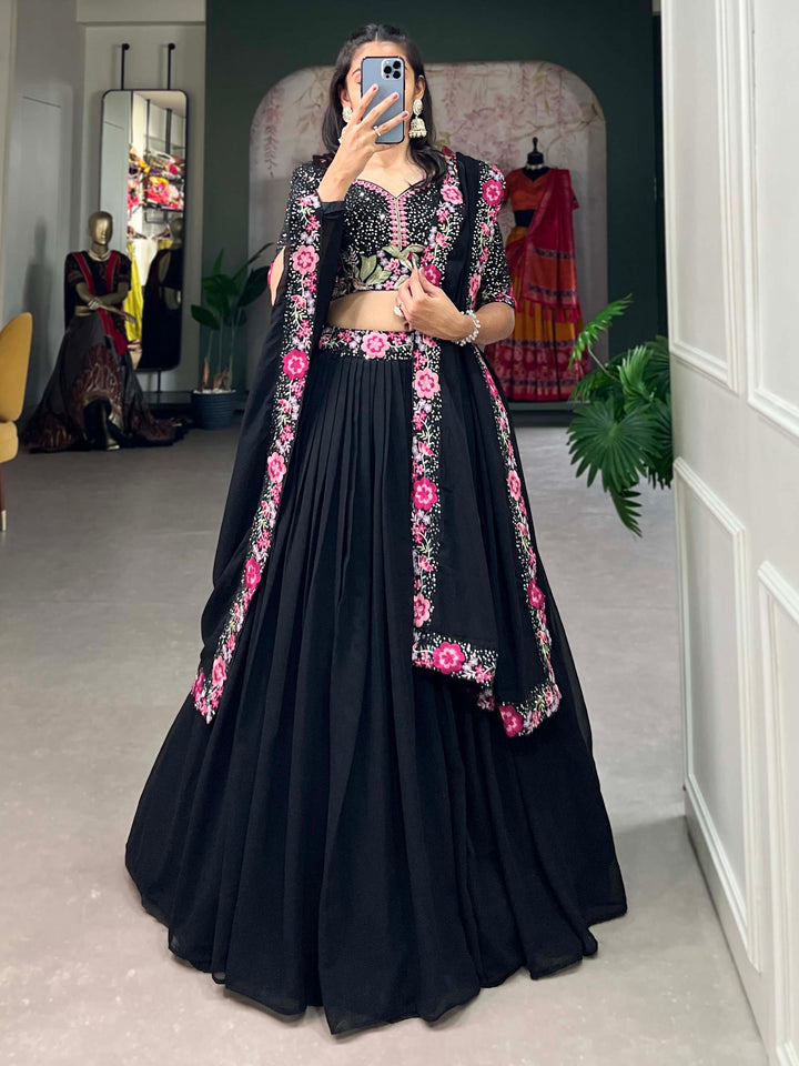 Adorable Black Sequins Georgette Designer Lehenga Choli With Dupatta