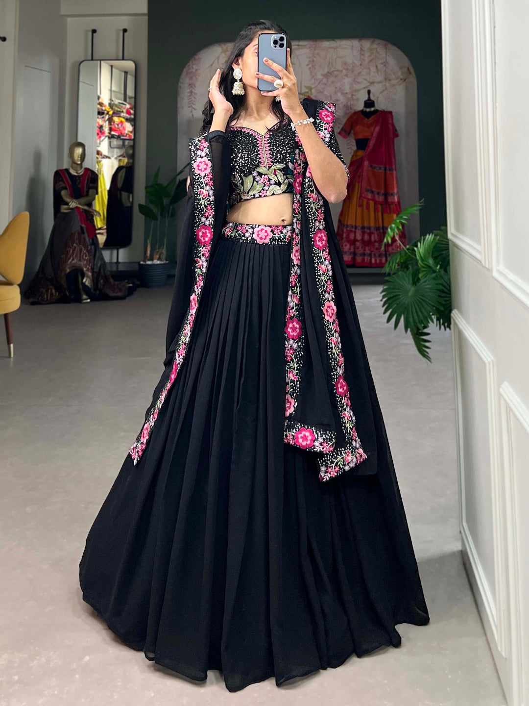 Adorable Black Sequins Georgette Designer Lehenga Choli With Dupatta