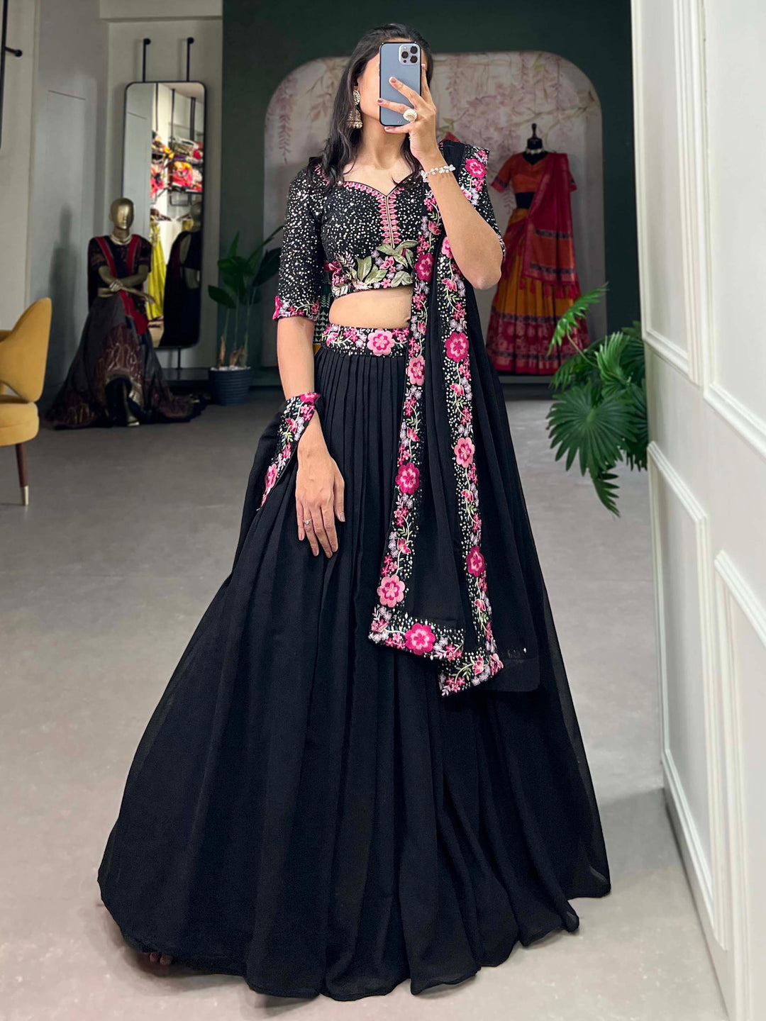 Adorable Black Sequins Georgette Designer Lehenga Choli With Dupatta