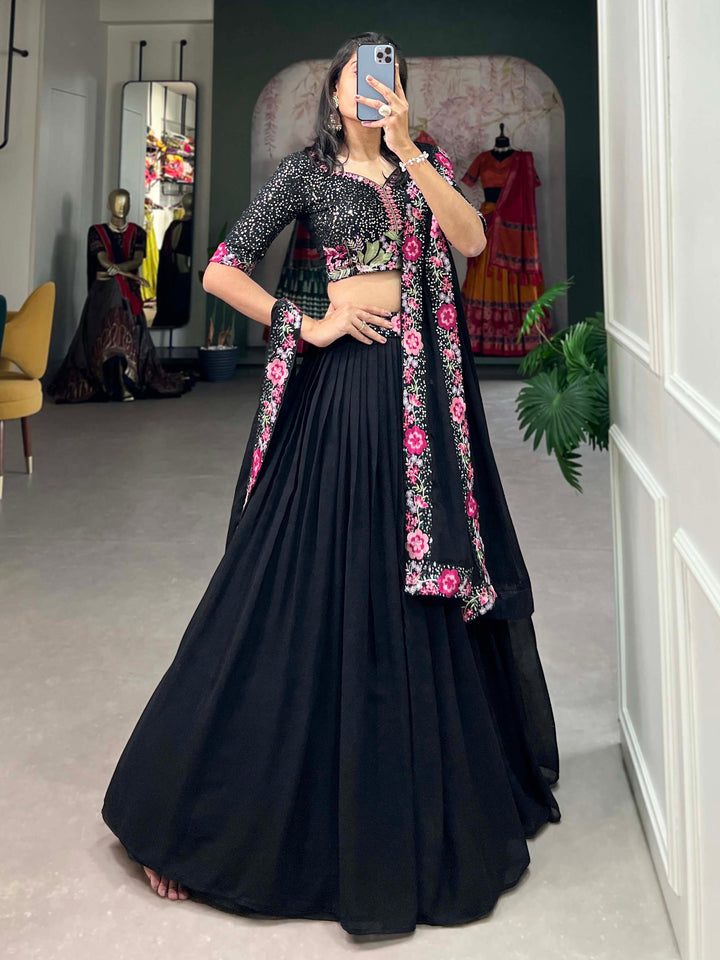 Adorable Black Sequins Georgette Designer Lehenga Choli With Dupatta