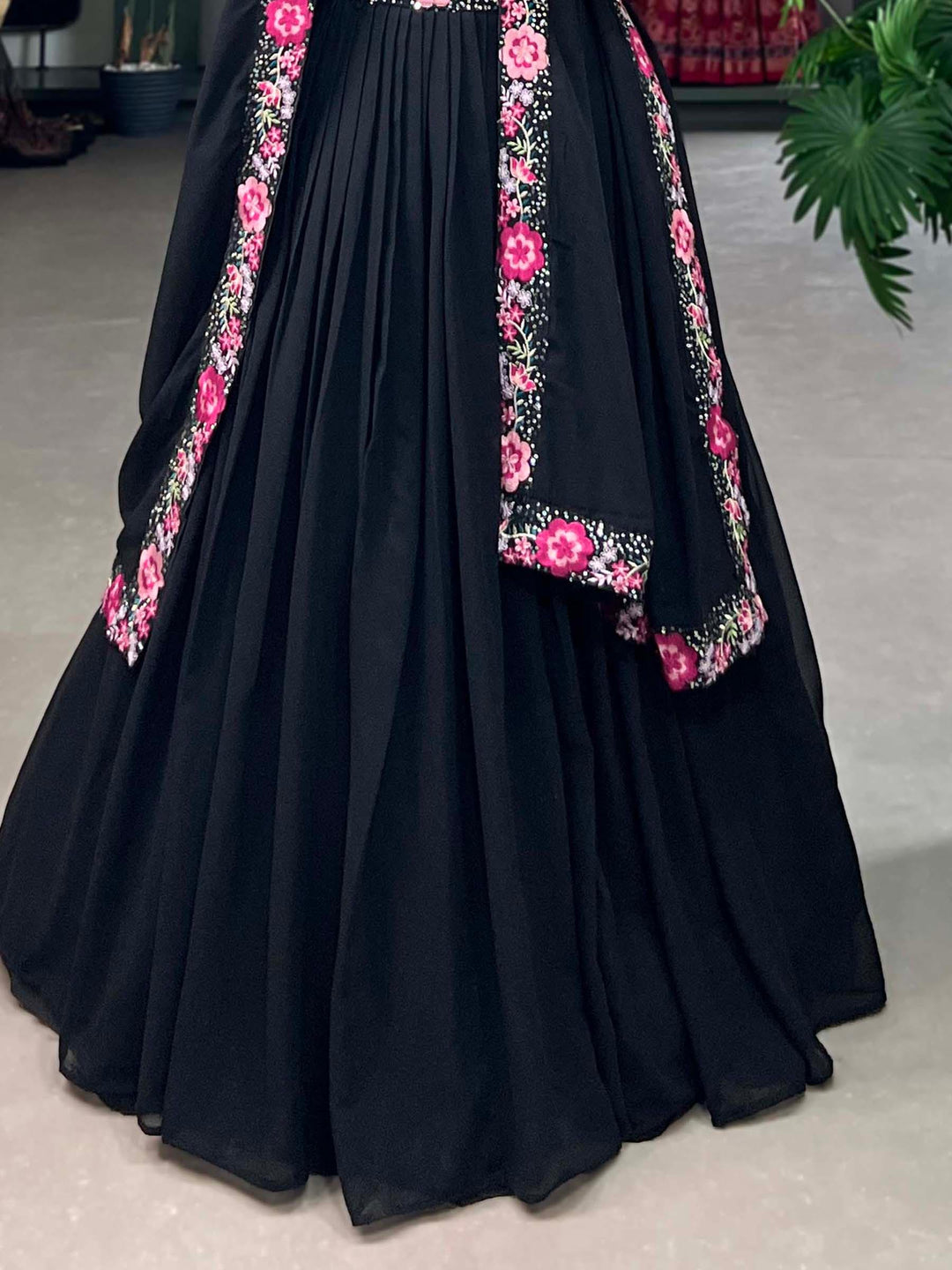 Adorable Black Sequins Georgette Designer Lehenga Choli With Dupatta