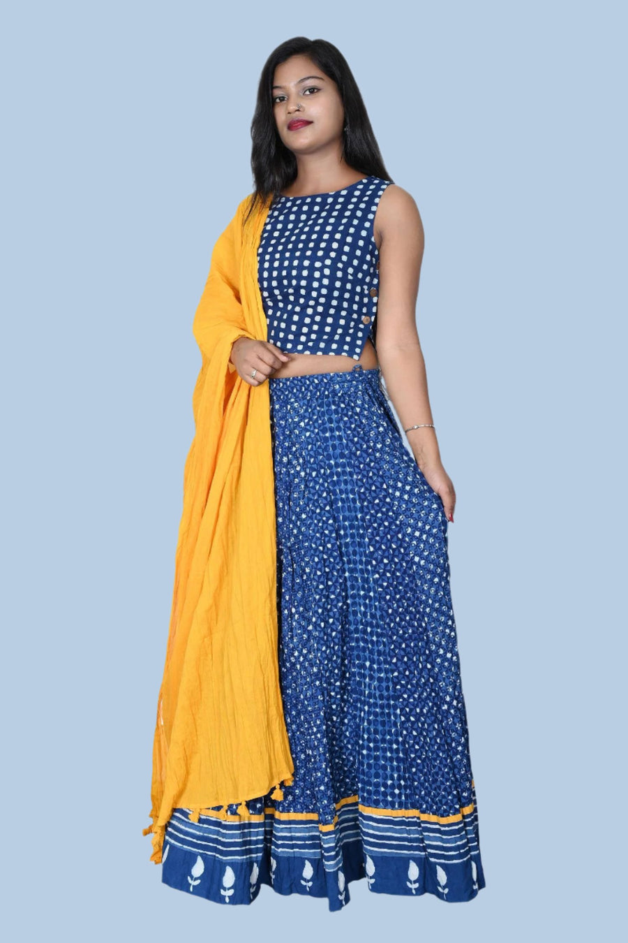 Stylish Blue Sleeveless Blouse with Hand Block Print for Women