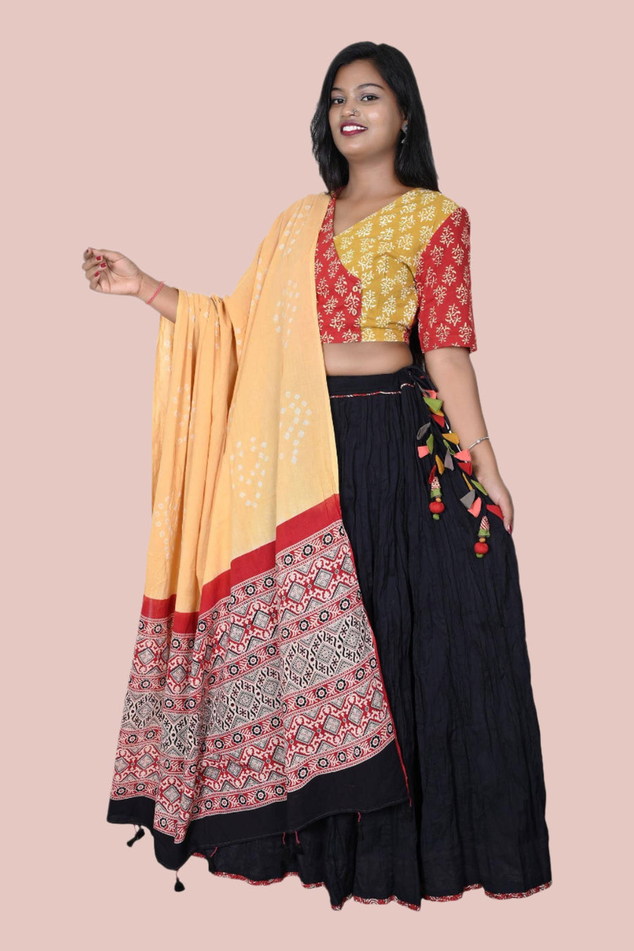 Stylish Red and Mustard Cotton Fabric for Custom Choli Designs