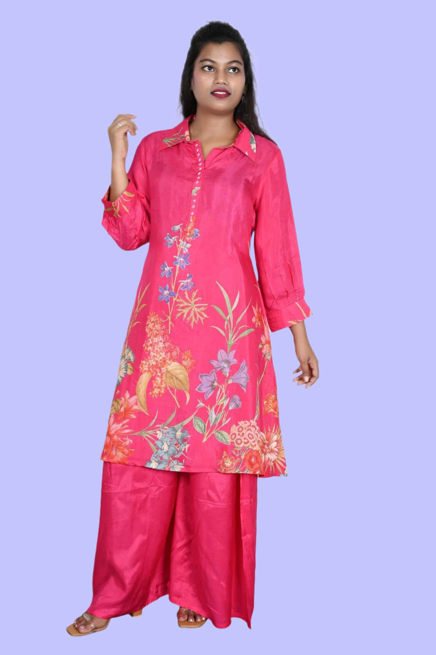 Stylish co-Ord set featuring a floral muslin Kurti paired with a plain palazzo for all-day comfort.