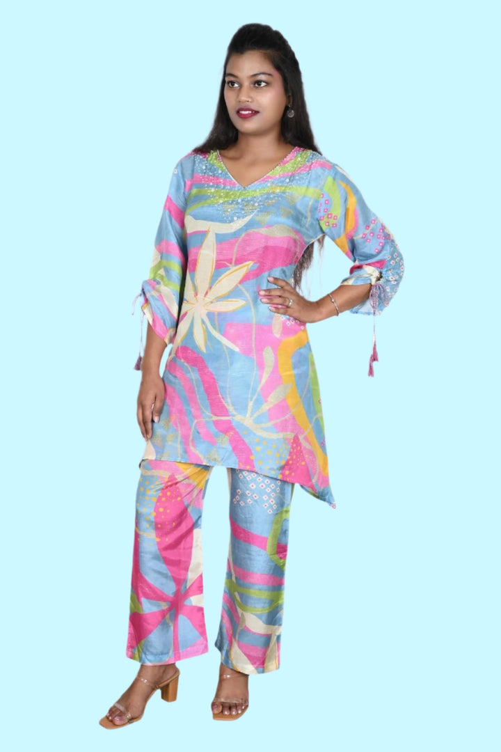 Chic light blue muslin kurti co-ord set with a unique fish cut design, perfect for casual and festive wear.