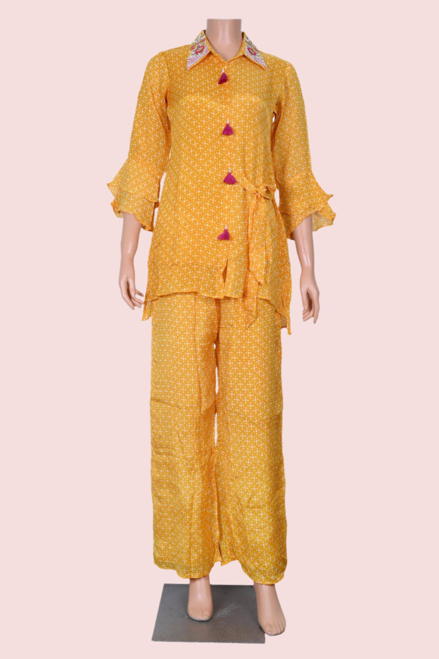 Elegant chinon co-Ord set in vibrant yellow, designed for women seeking stylish and trendy outfits.