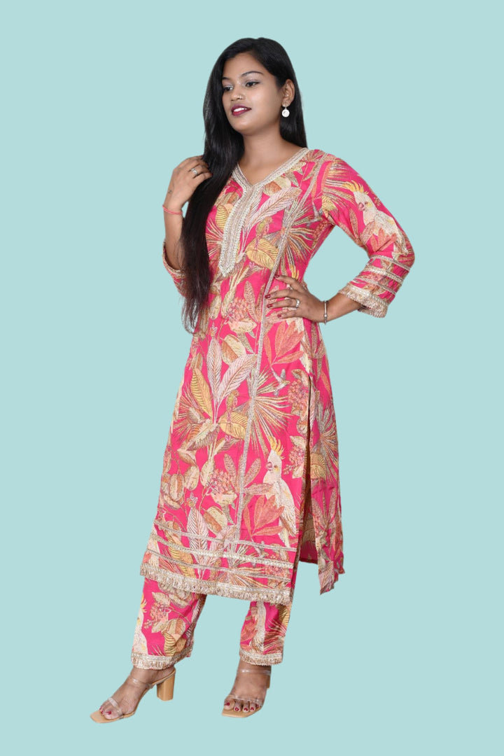 Beautiful Pink Kurti Co-Ord Set | Lace and Jari Embellished Design