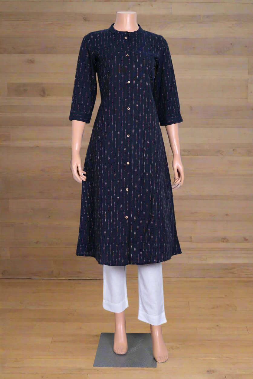 Casual A-line kurti in navy blue, Indian ethnic wear with convenient side pockets.