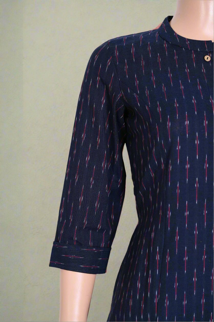 Stylish navy blue A-line kurti for women, comfortable ethnic wear with pockets.