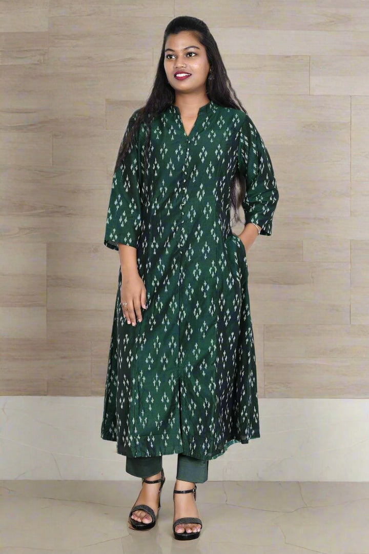 A-Line dark green kurti for women, combining style and comfort, perfect for casual outings and ethnic wear occasions.