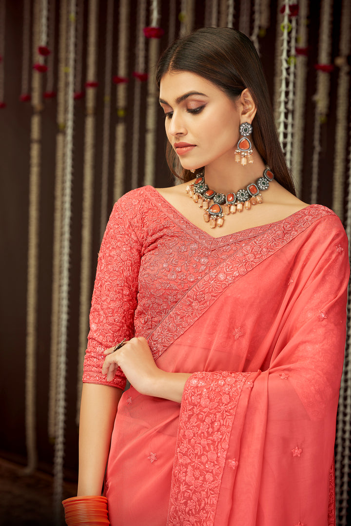 Exquisite Peach Saree | Sweetheart Neckline Blouse & Embroidered Borders