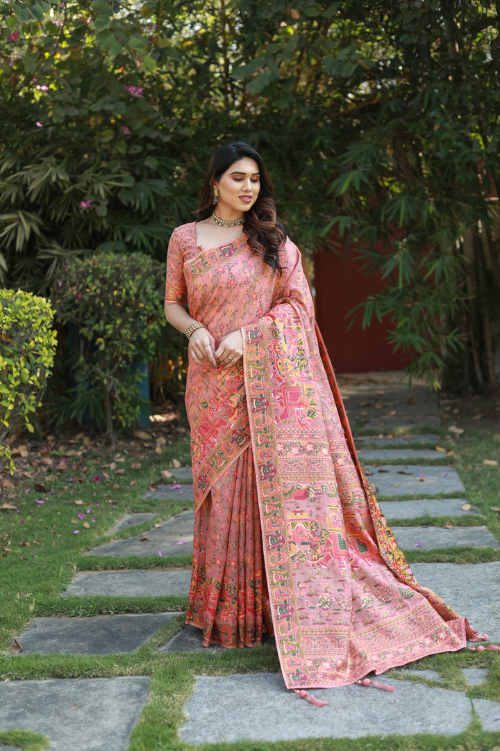 Rich multicolor Pashmina cotton saree with striking double-sided border and grand pallu, perfect for grand events.