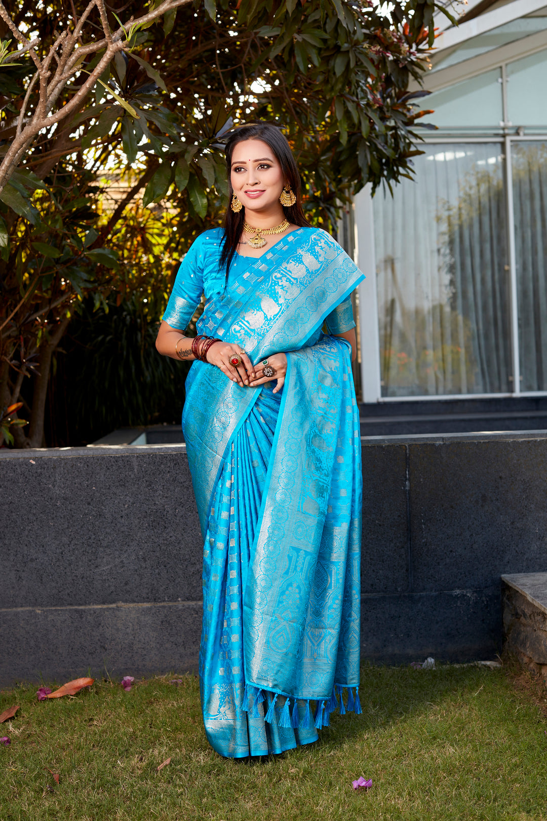 Premium Sky-Blue Satin Silk Wedding Saree with exquisite dual weave and designer pallu.