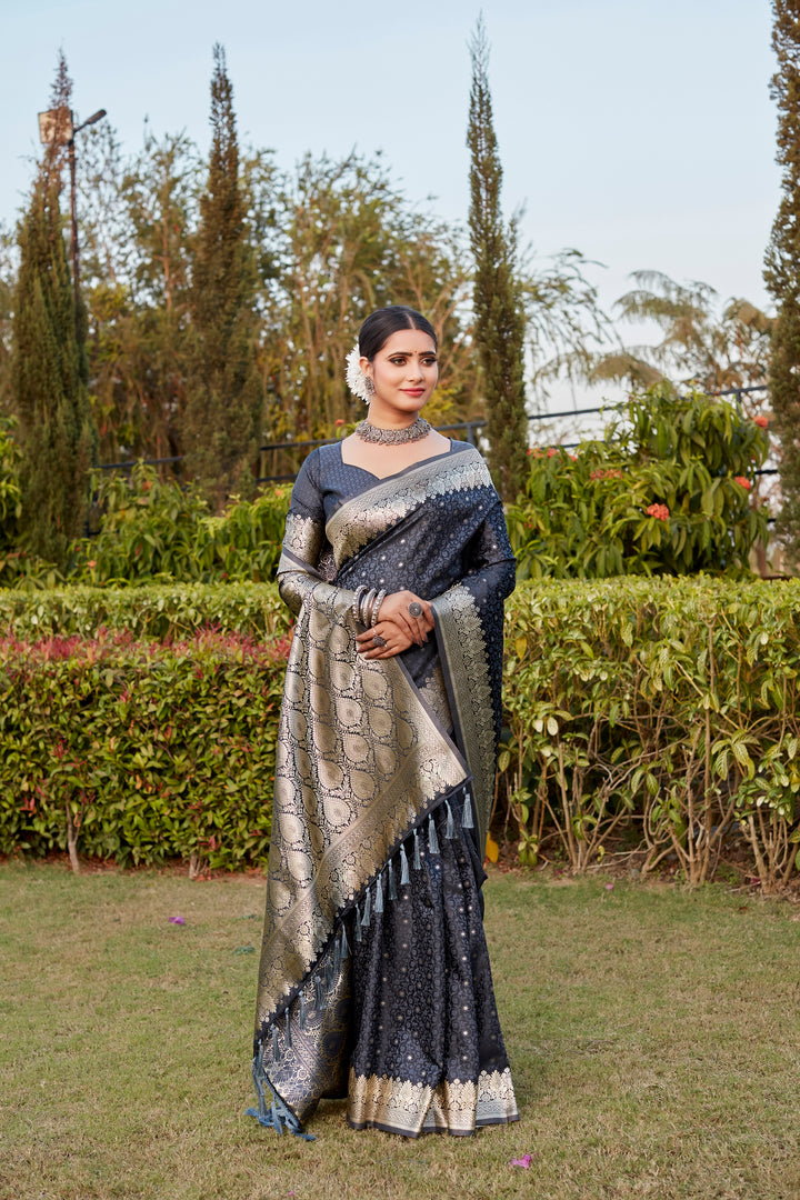 Premium Navy Kanjivaram Satin Silk Saree with intricate Butta design and elegant designer border for celebrations.