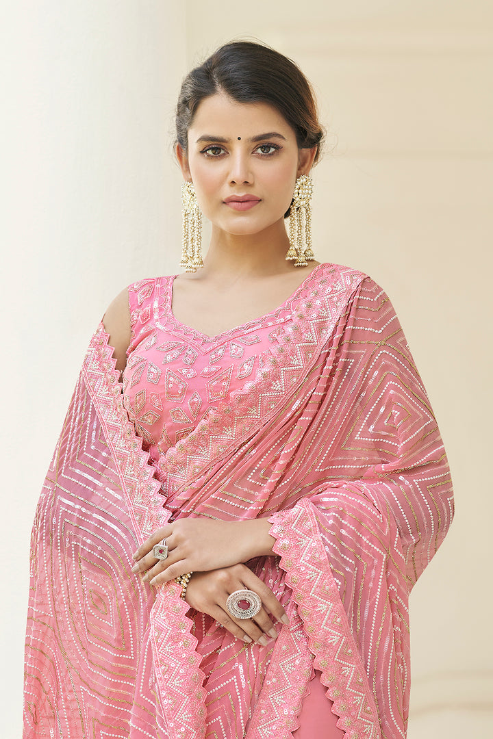 Baby Pink Georgette Designer Saree | Embroidered Wedding Saree with Blouse Set