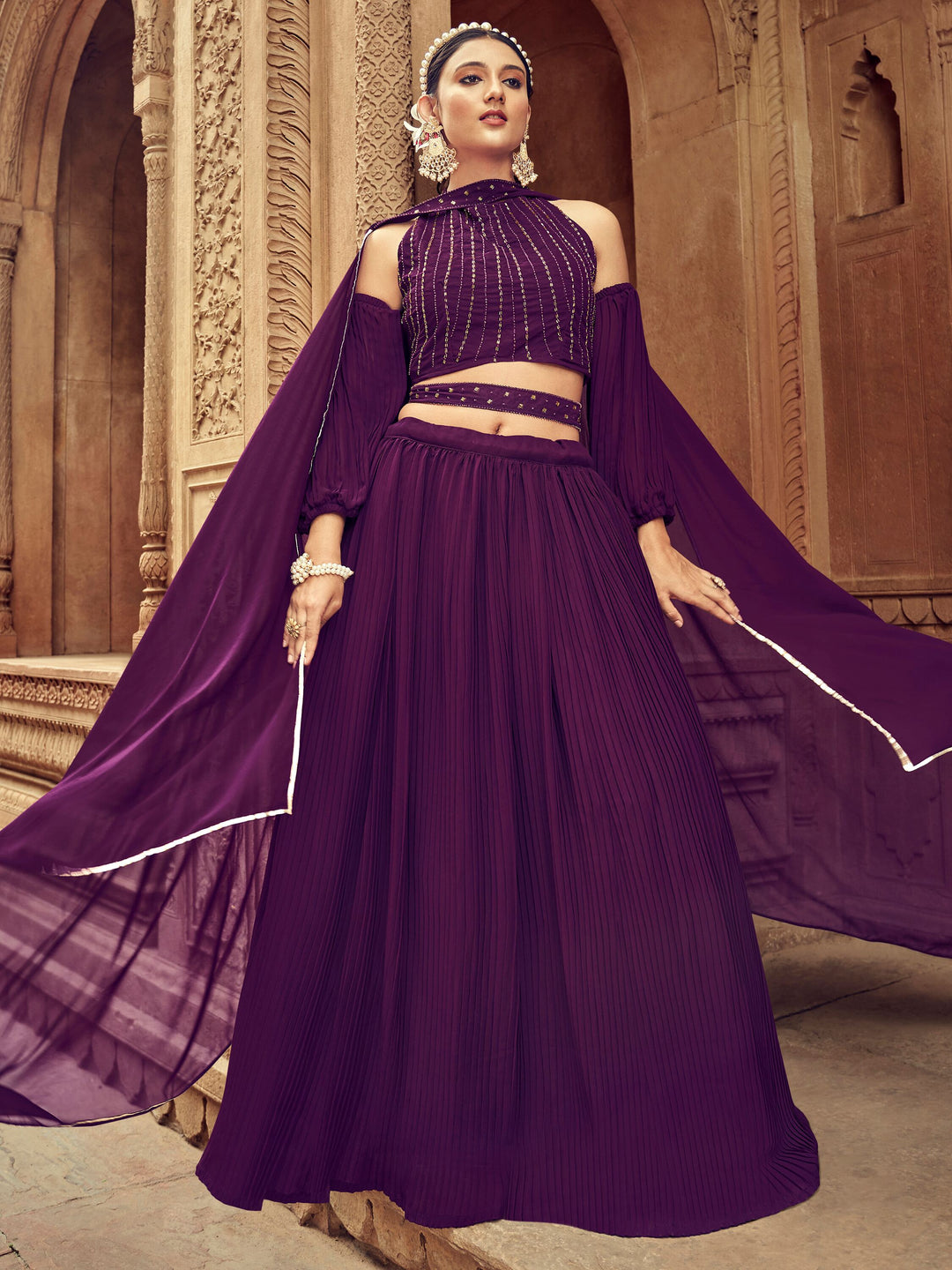 Stunning Purple Embroidered Georgette Designer Lehenga Choli