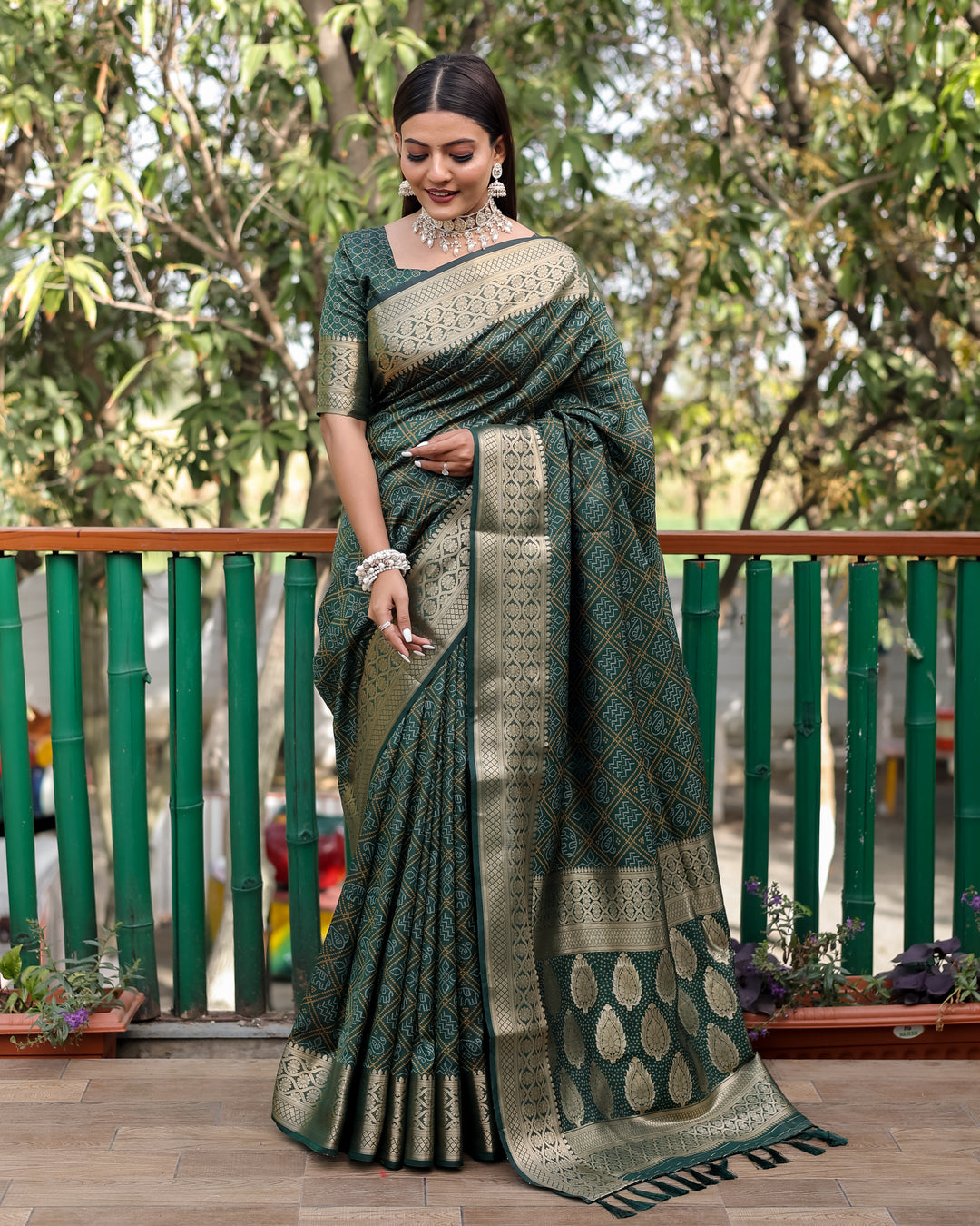 Designer saree in soft green with a dazzling contrast zari border, a beautiful piece for any special event.