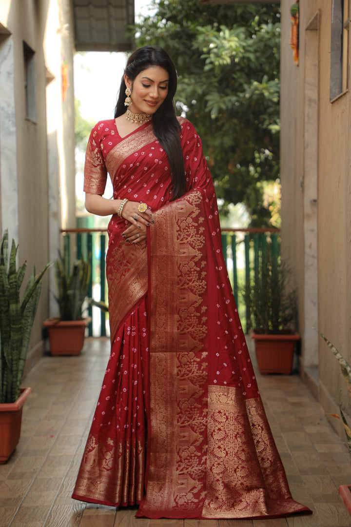 Bright red Kanjivaram silk saree with intricate design and rich pallu, perfect for weddings.