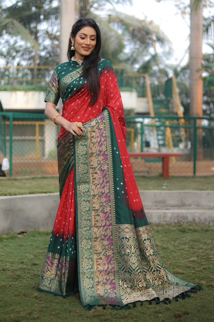 Red Pure Bandhej Silk Saree with beautiful Kanjivaram border and Minakari pallu for weddings.