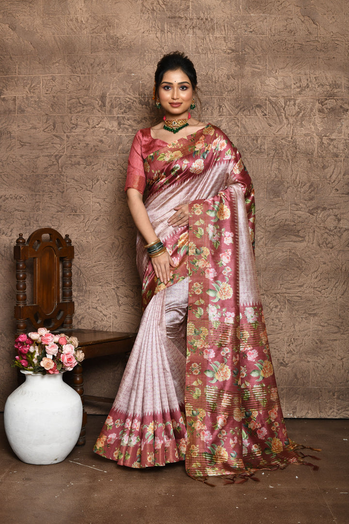 Tussar silk saree with contrast floral pallu, print body, and tassels for festivals