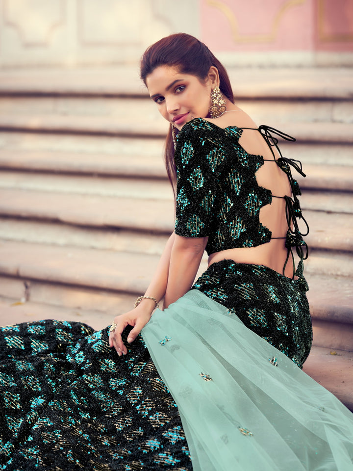 Imported Fur Teal Lehenga Set | Black and Sky Blue Party Wear Ensemble