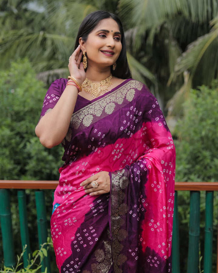 Elegant Pink Bandhej Silk Saree with beautiful zari border and richly woven pallu for weddings.