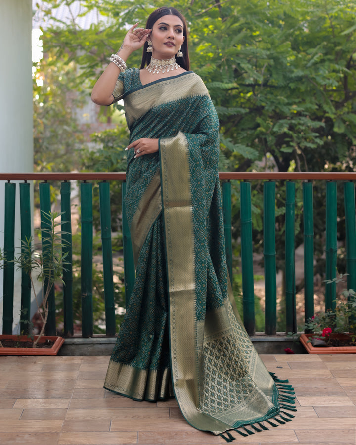 Lightweight and soft green saree with all-over zari work, blending comfort with exquisite traditional style.