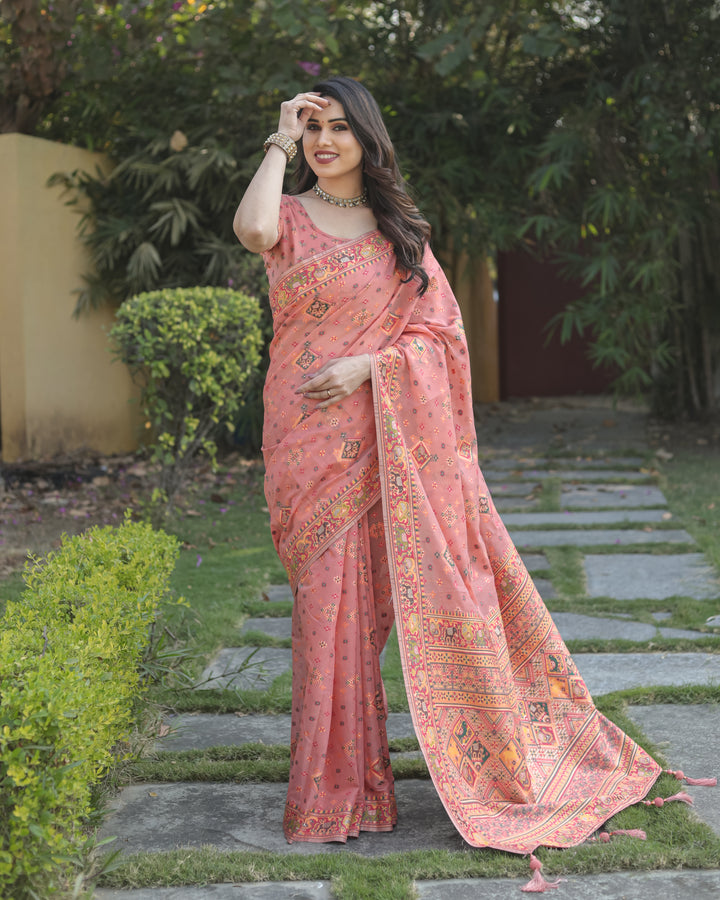 Exquisite Peach Pashmina Cotton Saree featuring a grand woven Pallu for elegant occasions.