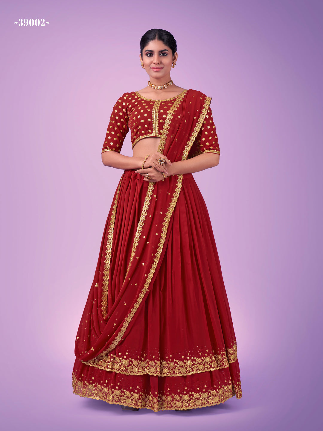 Flared Red Semi-stitched Embroidered Lehenga | Round Neck Blouse